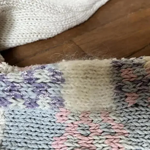 Vintage 90s Hand-Knit Pastel Patchwork Cardigan - Picture 4 of 7